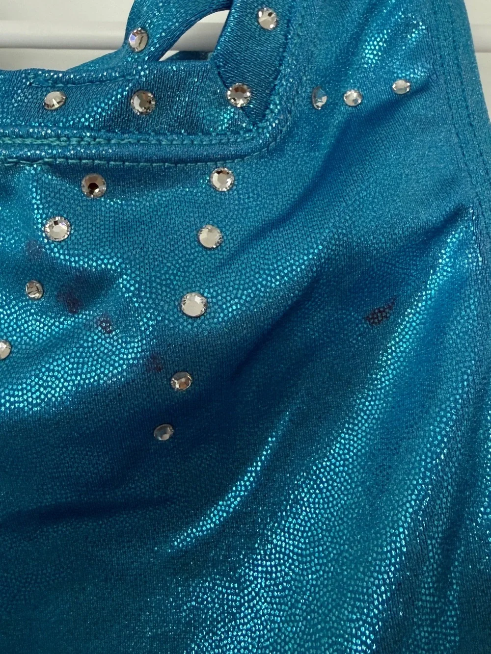Girls Shiny Teal Dance Leotard with Rhinestone Trim